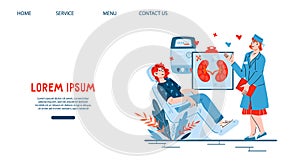 Hemodialysis or blood dialysis procedure to treat kidney in website interface design, cartoon vector.