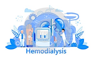 Hemodialysis concept vector. Method of extrarenal blood purification in acute and chronic renal failure. Tiny doctors treat, test