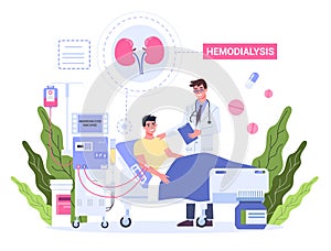 Hemodialysis for kidney treatment. Man get a kidney disease