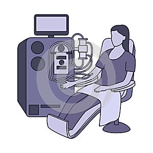 Hemodialysis procedure. A woman in a chair connected to an artificial blood purification machine