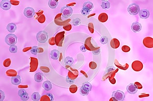 Hemolytic Anemia (HA) cells in the blood flow - isometric view 3d illustration