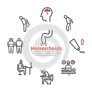 Hemorrhoids banner line icon Infographics. Vector signs for web graphics.