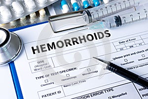 HEMORRHOIDS CONCEPT Diagnosis - Hemorrhoids. Medical Report with