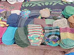 Hemp hats for sale on Wednesday Market in Anjuna, Goa, India.