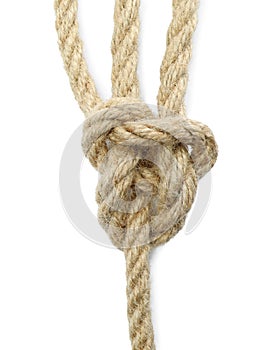 Hemp rope with knot isolated on white, top view