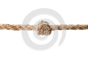 Hemp rope with knot on white background