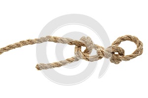 Hemp rope with knot on white background