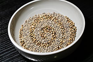 Hemp seeds in the bowl. Slovakia