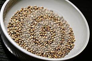 Hemp seeds in the bowl. Slovakia