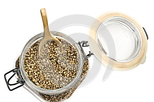 Hemp seeds in a glass jar