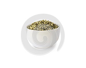 Hemp seeds isolated on white. Bowl with hemp seeds isolated on white background.