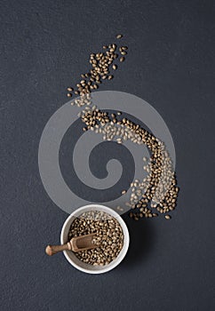 Hemp seeds scattered dark blackground top view