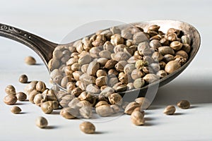 Hemp Seeds Spilled from a Vintage Spoon
