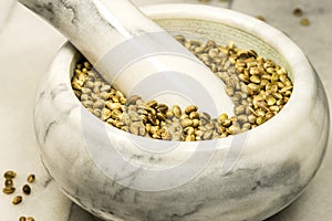 Hemp seeds, unpeeled in a closeup