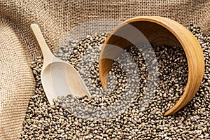 Hemp seeds with wooden bowl and spoon