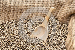Hemp seeds with wooden spoon