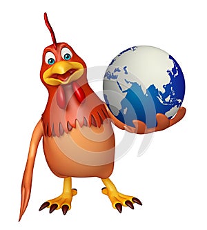 Hen cartoon character with earth