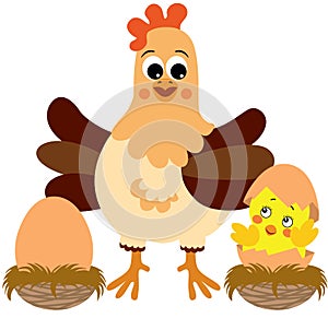 Hen with chick and egg in the nest