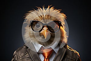 Hen chick with sunglasses wearing suit and tie on solid background. Generative AI