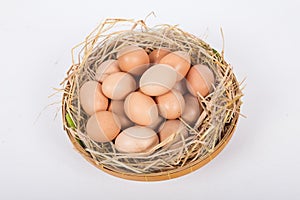 Hen or chicken eggs basket on the hey