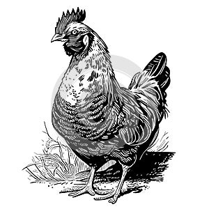 Hen Chicken standing on the grass hand drawn sketch in doodle style Vector illustration