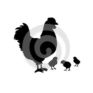 Hen with chicks black silhouette vector