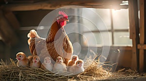 A hen and chicks cozy in a barn, bathed in soft sunlight. a nurturing scene of farm life. warm, rustic, and tranquil