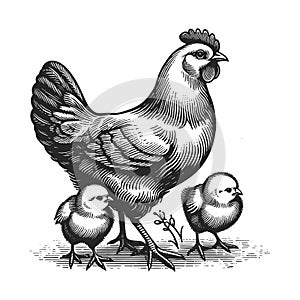 Hen and Chicks Vintage Farm engraving vector