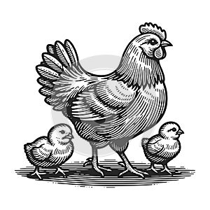 Hen and Chicks Vintage Farm engraving vector