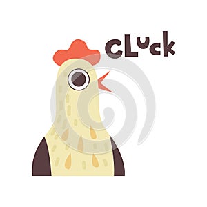 Hen Clucking, Cute Cartoon Farm Animal Making Cluck Sound Vector Illustration