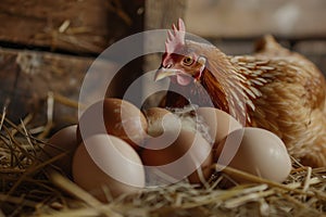 Hen in coop surrounded by eggs, gazing at camera.