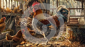 a hen in daylight, highlighting the vibrant hues of its comb and wattle amidst the lively atmosphere of a chicken coop