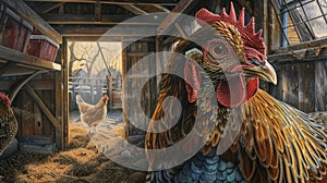 a hen in daylight, highlighting the vibrant hues of its comb and wattle amidst the lively atmosphere of a chicken coop