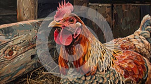 a hen in daylight, highlighting the vibrant hues of its comb and wattle amidst the lively atmosphere of a chicken coop