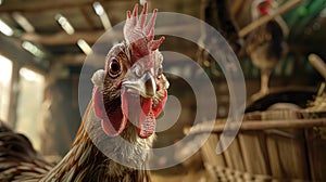 a hen in daylight, highlighting the vibrant hues of its comb and wattle amidst the lively atmosphere of a chicken coop