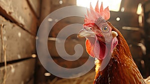 a hen in daylight, highlighting the vibrant hues of its comb and wattle amidst the lively atmosphere of a chicken coop