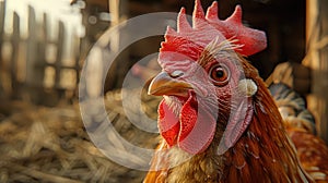 a hen in daylight, highlighting the vibrant hues of its comb and wattle amidst the lively atmosphere of a chicken coop