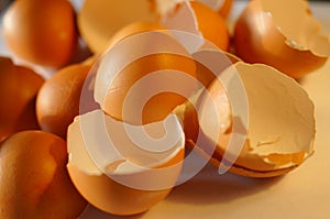 Hen egg shells - a source of natural calcium. Bright background with eggshells.