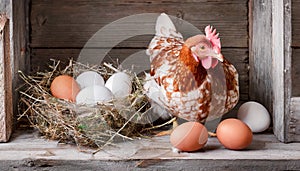 Hen and eggs in barn