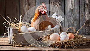 Hen and eggs in barn