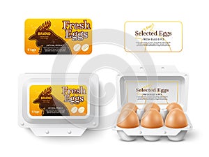 Hen eggs package design mockup. Box with stickers, farm fresh chicken product, natural diet breakfast, rural manufacture, open and