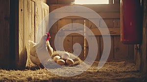 Hen guarding eggs in rustic barn coop