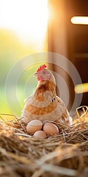 Hen in a Nest with Eggs at Sunrise in a Rustic Barn Setting