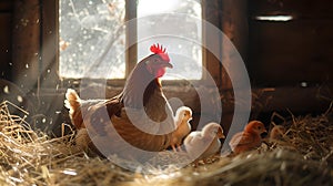 Mother hen with her chicks in a rustic barn setting, peaceful farm life captured in warm sunlight. perfect for