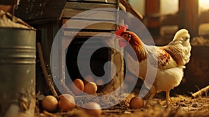 A hen is producing eggs within a chicken coop