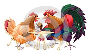 Hen and rooster in a cafe