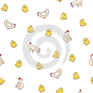Hen rooster and chick. Seamless pattern