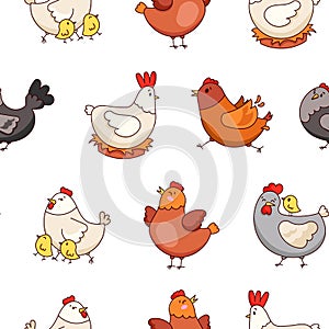 Hen rooster and chick. Seamless pattern