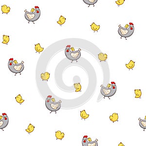 Hen rooster and chick. Seamless pattern