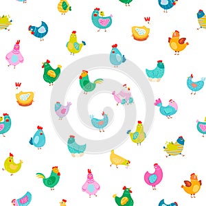 Hen rooster and chick. Seamless pattern